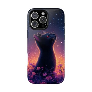 Black Cat Night Stars Wildflowers - Phone Cover Case for iPhone MagSafe Compatible | Samsung Galaxy | Pixel - Lifetime Warranty
