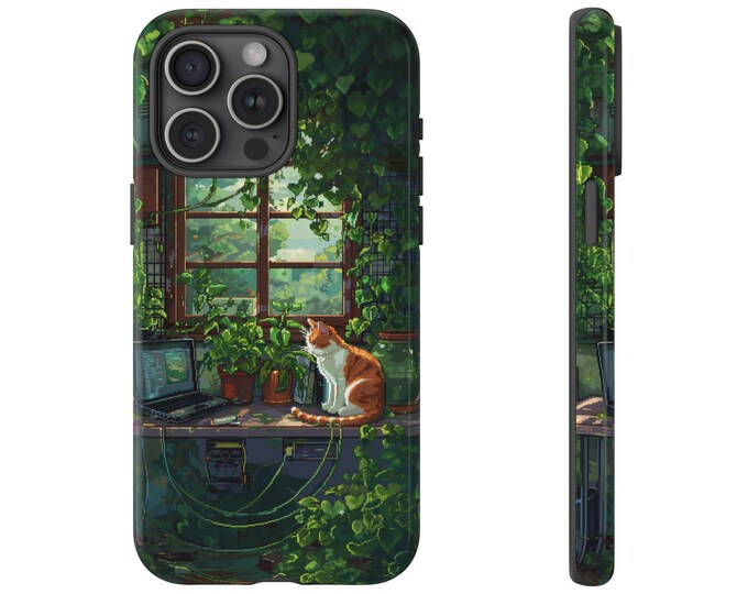 Hacker Garden Cat Pixel Art Phone Case: iPhone, Galaxy, Pixel - Lifetime Warranty
