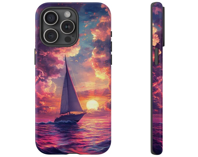 Sailboat Sunset Neon Ocean Phone Case: iPhone, Galaxy, Pixel - Magsafe Wireless Charging