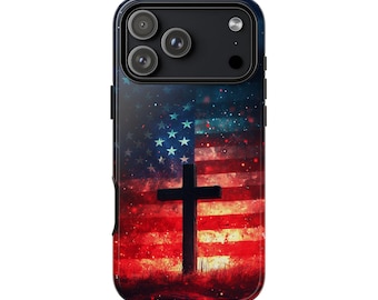 Cross Behind American Flag Backdrop USA Phone Case: iPhone, Galaxy, Pixel - Lifetime Warranty