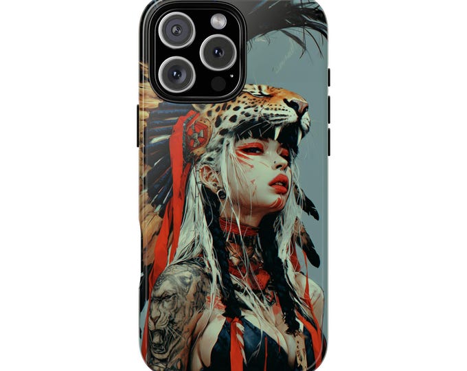 Aztec Girl Warrior Jaguar Headdress Phone Case: iPhone, Galaxy, Pixel - Lifetime Warranty