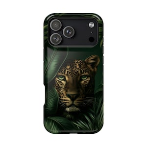 May include: A rectangular smartphone case featuring a high-resolution graphic of a leopard face peering through dark green tropical foliage. The design includes a black camera module cutout at the top with three circular lenses and a flash.