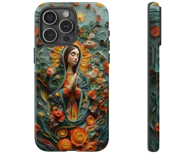 Floral Virgin Mary Phone Case | iPhone, Samsung Galaxy, Pixel | Religious Our Lady Guadalupe Paper Quilling Catholic Design Tough Cover