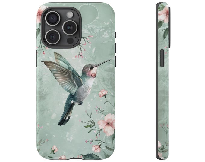 Phone Case for Galaxy, iPhone, Pixel | Green Hummingbird Floral Hibiscus Watercolor Teal Bird Pink Flowers | Tough Cover Protector