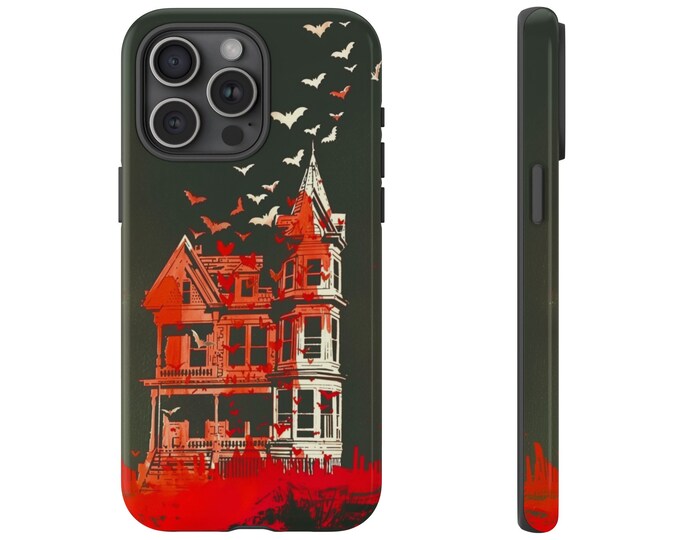 Red Haunted House Bats Phone Case: iPhone, Galaxy, Pixel - Lifetime Warranty