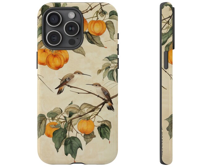 Phone Case for Galaxy, iPhone, Pixel | Hummingbird Bliss Persimmon Tree Fruit Green Leaves | Dual Layer Tough Cover Protector