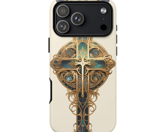 Emerald Gold Cross Faith Art Phone Case: iPhone, Galaxy, Pixel - Lifetime Warranty