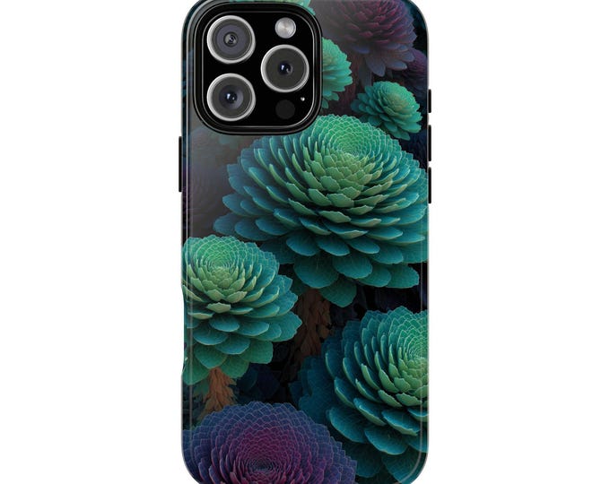 Fractal Green Succulent Glowing Flowers Phone Case: iPhone, Galaxy, Pixel - Lifetime Warranty