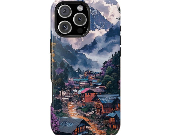 Watercolor Village Purple Mountain Range Phone Case: iPhone, Galaxy, Pixel - Lifetime Warranty
