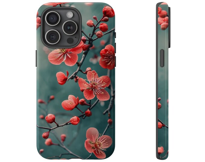 Pink Cherry Blossom Flower Tree on Teal Phone Case: iPhone, Galaxy, Pixel - Lifetime Warranty