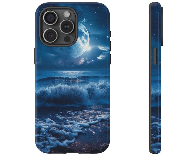 Moon Ocean Beach Night Crashing Waves Phone Case: iPhone, Galaxy, Pixel - Lifetime Warranty