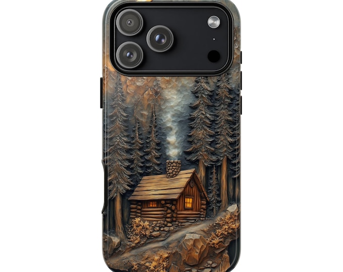 Cabin Mountain Rustic Wood Carving Print Phone Case: iPhone, Galaxy, Pixel - Lifetime Warranty