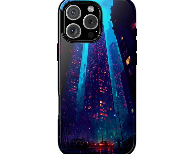 Neon Futuristic City Buildings Metropolis Phone Case: Tough Cover for iPhone (MagSafe Compatible), Samsung Galaxy, Pixel