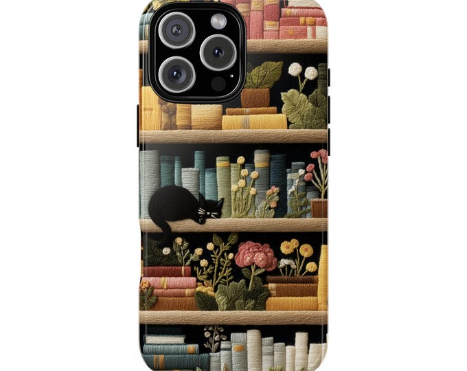 Book Shelf Library Black Cat Bookworm Phone Case: iPhone, Galaxy, Pixel - Lifetime Warranty