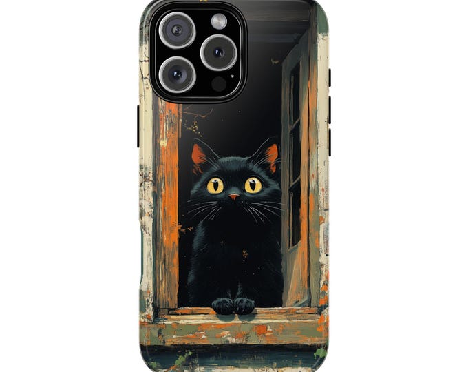 Black Cat Starring Window Kitty Anime Art Phone Case: iPhone, Galaxy, Pixel - Lifetime Warranty