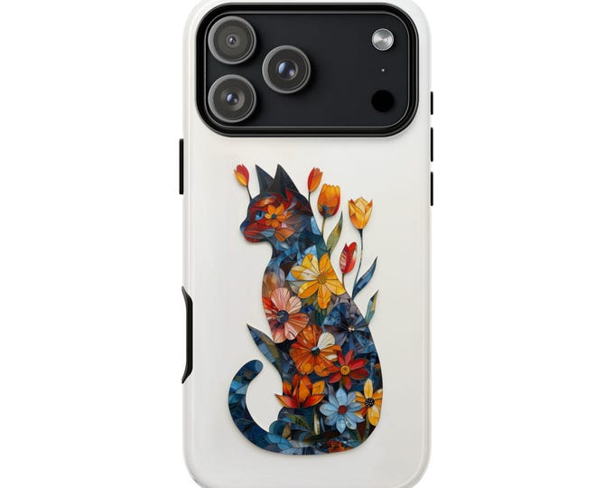 Cat Silhouette Floral Stained Glass Phone Case: iPhone, Galaxy, Pixel - Lifetime Warranty
