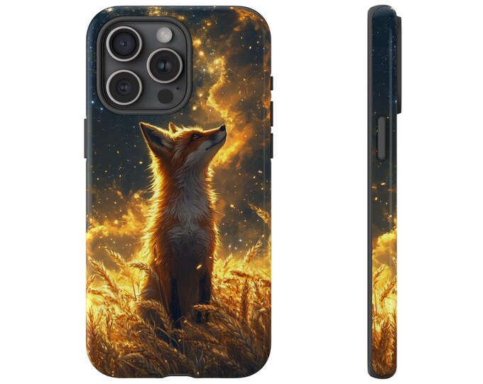 Golden Fox Phone Case | iPhone, Samsung Galaxy, Pixel | Wheat Field Cloudy Skies Gold Glow Sky Foxes Lover Animal Design Tough Cover