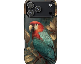 iPhone | Galaxy | Pixel - Phone Ink Case - Parrot Teal Red Bird Golden Feathers | Lifetime Warranty