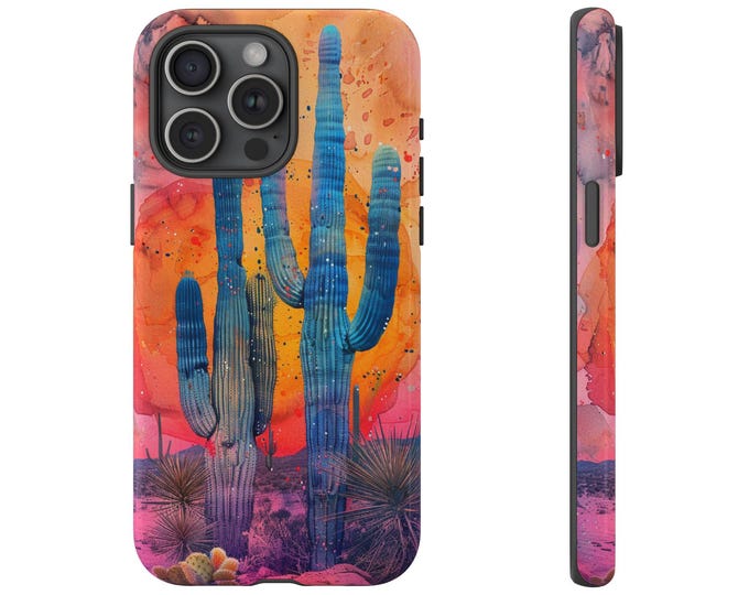 Watercolor Cactus Sunset Bohemian Desert Phone Case: iPhone, Galaxy, Pixel - Lifetime Warranty