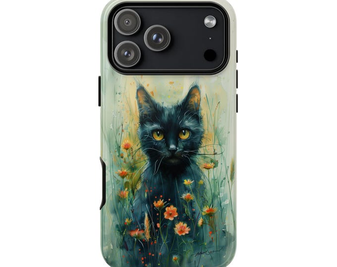 Lifetime Warranty - Black Cat Watercolor Flower Green - Phone Ink Custom Art Case for iPhone Magsafe Charging, Samsung Galaxy, Pixel