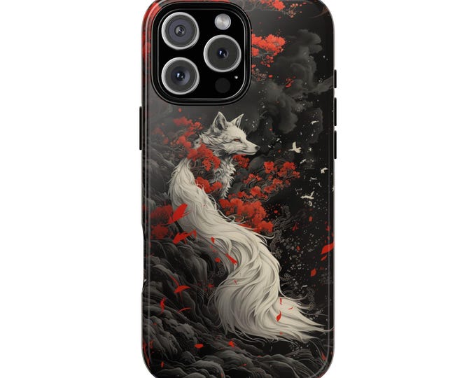 White Fox Kitsune Spirit Red Floral Phone Case for iPhone, Galaxy, Pixel – Lifetime Warranty