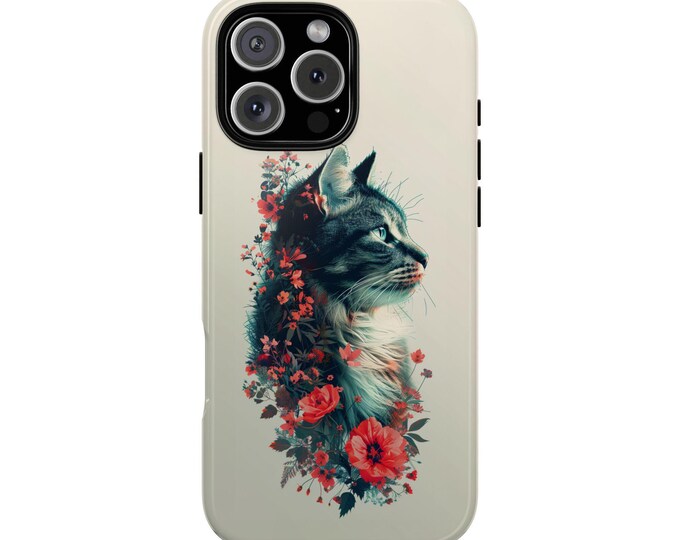 Tabby Cat Red Flower Vines Hibiscus Kitty Floral Phone Case for iPhone | Samsung Galaxy | Google Pixel