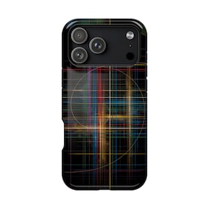 May include: A black smartphone case featuring a golden spiral overlaying a grid of thin, multicoloured horizontal and vertical lines. The design includes vibrant red, blue, yellow, and green light streaks against a dark background, with a triple camera lens.