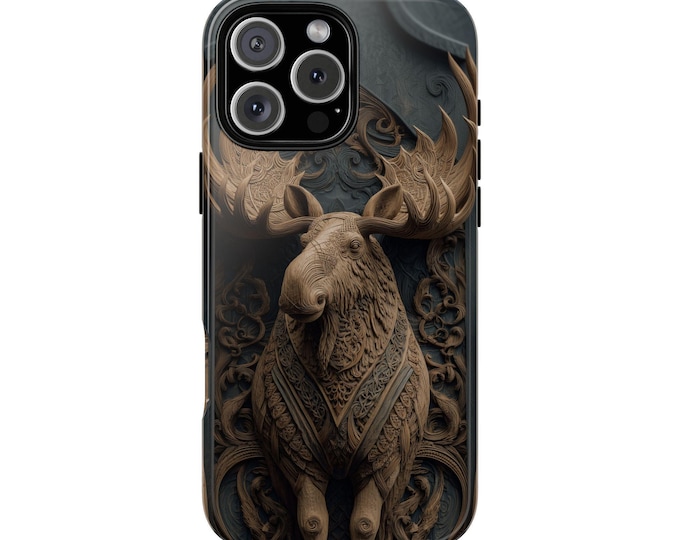 Moose Oak Wood Carving UV Print Phone Case: iPhone, Galaxy, Pixel - Lifetime Warranty