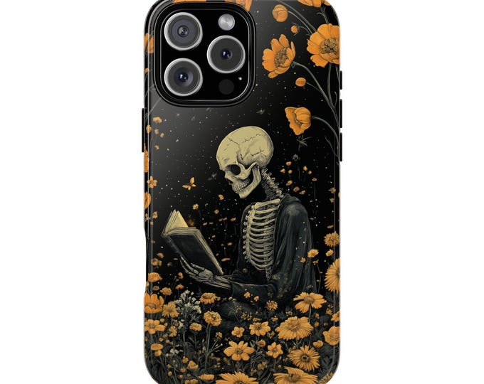 Skeleton Reading Book Skull Wildflower Phone Case: iPhone, Galaxy, Pixel - Lifetime Warranty