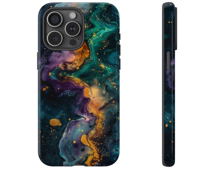 Purple Gold Teal Liquid Marble Hydro Dip Case for Galaxy, iPhone, Pixel - Tough Cover