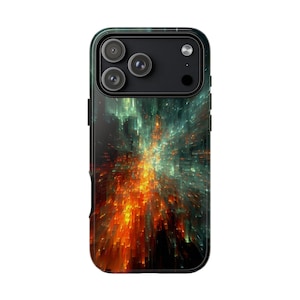 May include: A black smartphone case with a vibrant abstract design. The case features a dynamic explosion of orange, teal, and black colors, creating a visually striking effect. The case has a glossy finish and a camera module with three lenses.