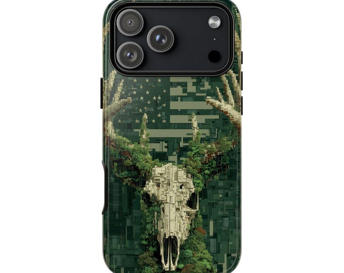 Stag Deer Skull Green American Flag Phone Case: iPhone, Galaxy, Pixel - Lifetime Warranty