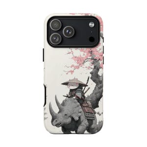 Samurai Anime Cat Riding Triceratops Phone Case: iPhone Galaxy Pixel, Heavy Duty Shockproof, Wireless Charging, Lifetime Warranty