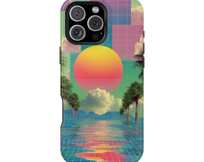 Retro Sunset Vaporware Beach Palm Trees Phone Case: iPhone, Galaxy, Pixel - Lifetime Warranty