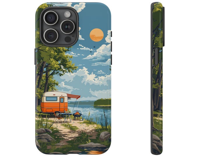 Travel Trailer Camping Lake Cover Phone Case: iPhone, Galaxy, Pixel - Lifetime Warranty