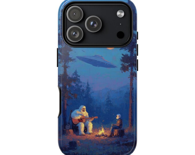 Bigfoot Alien Campfire Guitar UFO Saucer Phone Case: iPhone, Galaxy, Pixel - Lifetime Warranty