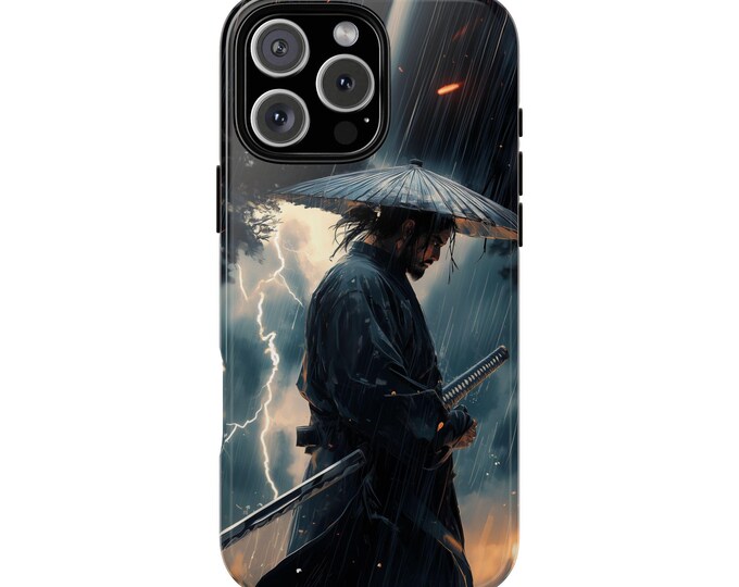 Samurai Warrior Thunderstorm Rain Glow Phone Case: Tough Cover for iPhone (MagSafe Compatible), Samsung Galaxy, Pixel