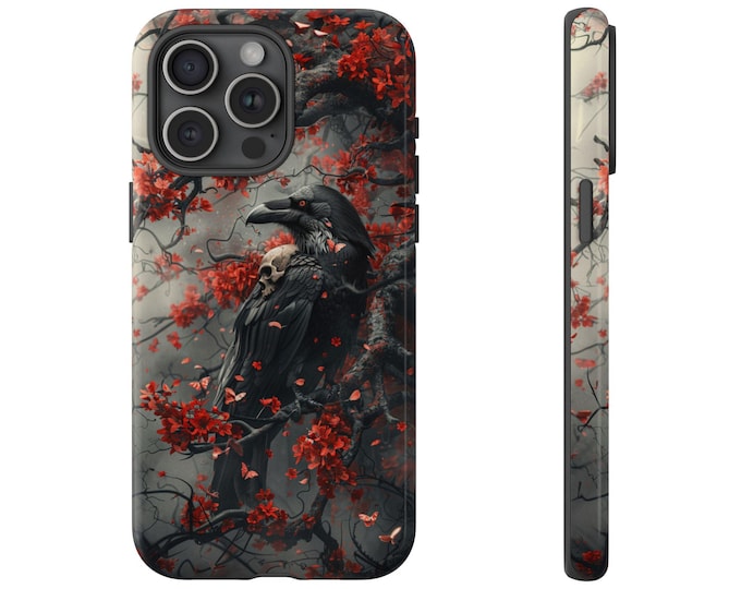 Red Tree Skull Raven Gothic Bird Phone Case: iPhone, Galaxy, Pixel - Lifetime Warranty