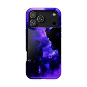 May include: A rectangular smartphone case featuring a dark, atmospheric design with deep purple and black tones. The graphic depicts a shadowy, abstract cityscape with glowing purple light accents and hazy, cloud-like textures across the surface.