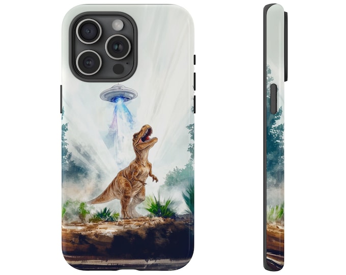UFO T-Rex Abduction Case, Tyrannosaurus Rex Alien Beam Cover, Jurassic Dino ET Design - Tough Phone Case for iPhone, Samsung Galaxy, Pixel