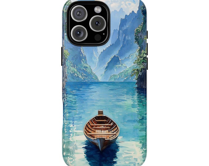 Tranquil Waters Cliffside Boat Serene Mountain Phone Case: iPhone, Galaxy, Pixel - Lifetime Warranty