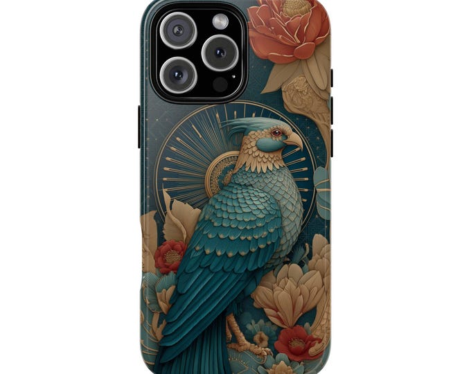 Blue Phoenix Bird Teal Art Deco Phone Case: iPhone, Galaxy, Pixel - MagSafe Compatible