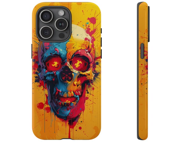 Skull Blue Red Abstract on Yellow Phone Case: iPhone, Galaxy, Pixel - Lifetime Warranty