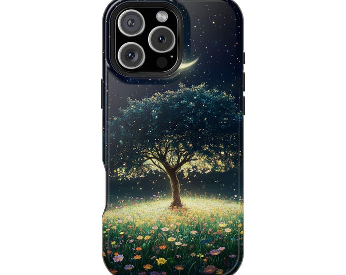 Blossoming Tree on a Moonlit Floral Hill Phone Case: iPhone, Galaxy, Pixel - Lifetime Warranty