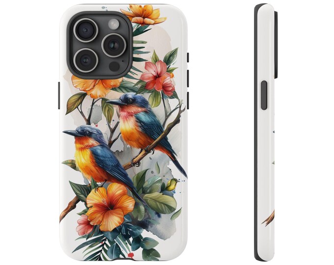 Watercolor Tropical Flower Cute Birds Phone Case: iPhone, Galaxy, Pixel - Lifetime Warranty