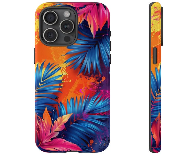 Tropical Palm Tree Leaves Plants Orange Pink Blue Phone Case: iPhone, Galaxy, Pixel - Lifetime Warranty