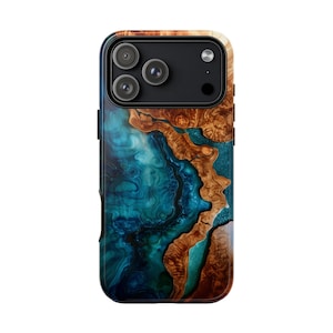 May include: A smartphone case featuring a rectangular design with a triple camera array at the top. The back surface displays a swirling pattern of deep teal and blue resin integrated with natural brown wood grain, creating a fluid aesthetic.