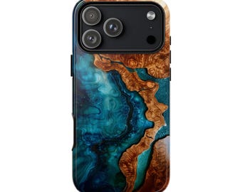 Teal Blue Wood Resin Marble Art Phone Case • Original Artwork • Heavy Duty Protection • Tech Gift • Lifetime Warranty