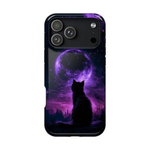 May include: A black smartphone case featuring a graphic print of a silhouette of a cat sitting and looking up at a large, glowing purple moon in a starry night sky. The design includes dark purple and black tones with a forest landscape silhouette.