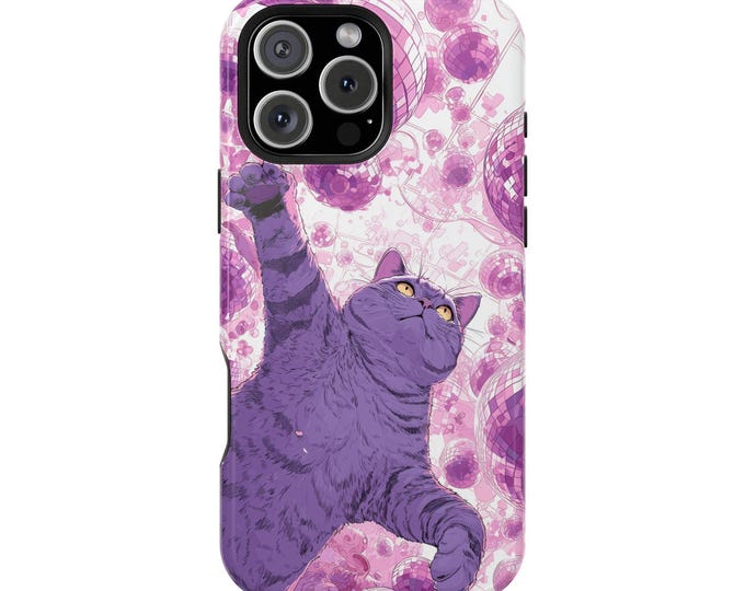Purple Cat Disco Balls Pop Art Phone Case: iPhone, Galaxy, Pixel - Lifetime Warranty